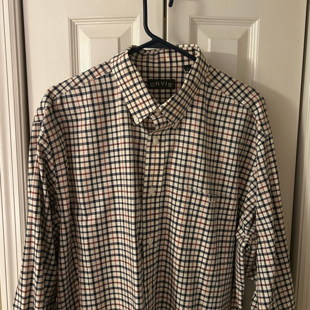 Orvis Men's Blue and Red Plaid Button Down Shirt